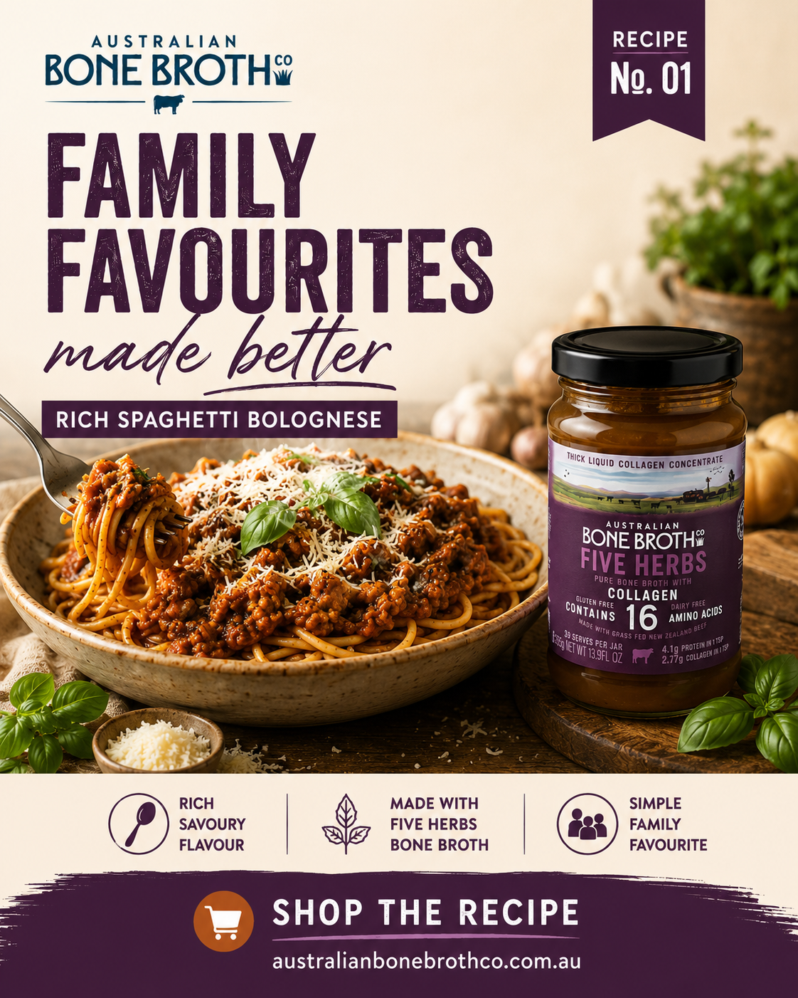 Rich Spaghetti Bolognese with Australian Bone Broth Co Five Herbs