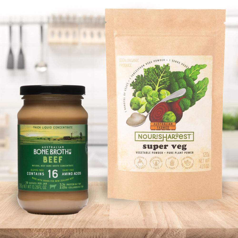 Halal Beef Bone Broth 390g & Organic Veg Powder - Promotion select your Nourisharvest Veg.