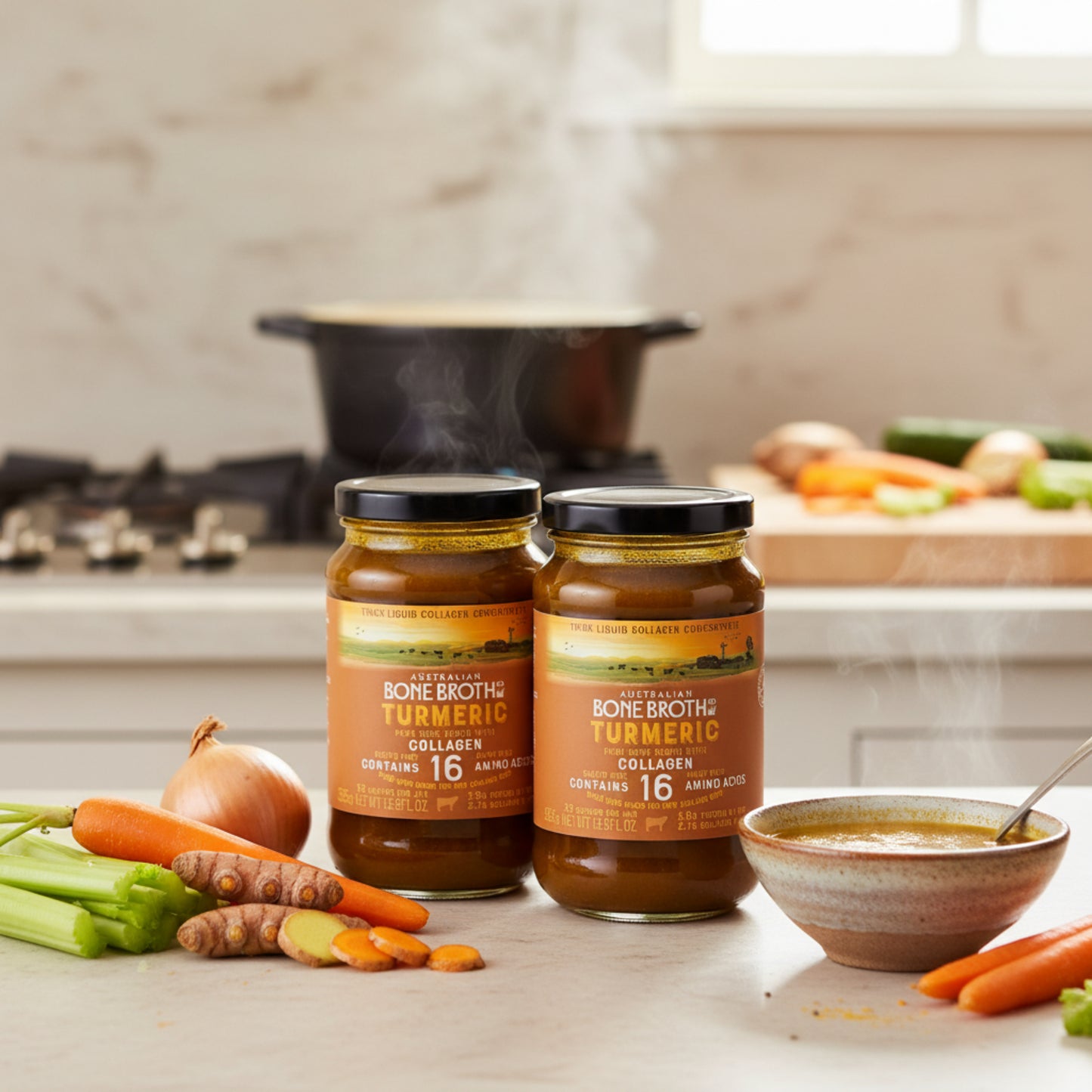 Two jars of Australian Bone Broth Turmeric with Collagen on a white background