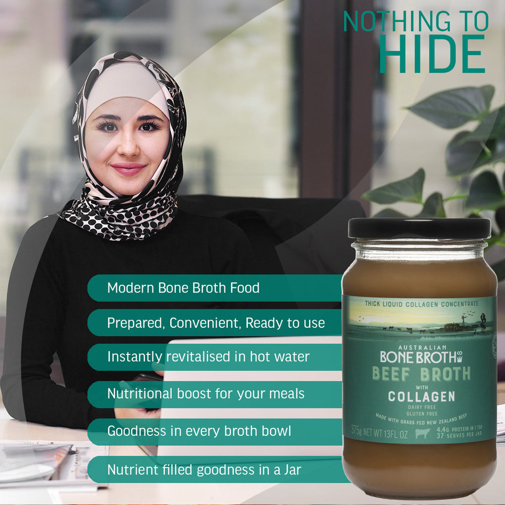 
                      
                        Nothing to hide in our halal beef broth with collagen 
                      
                    