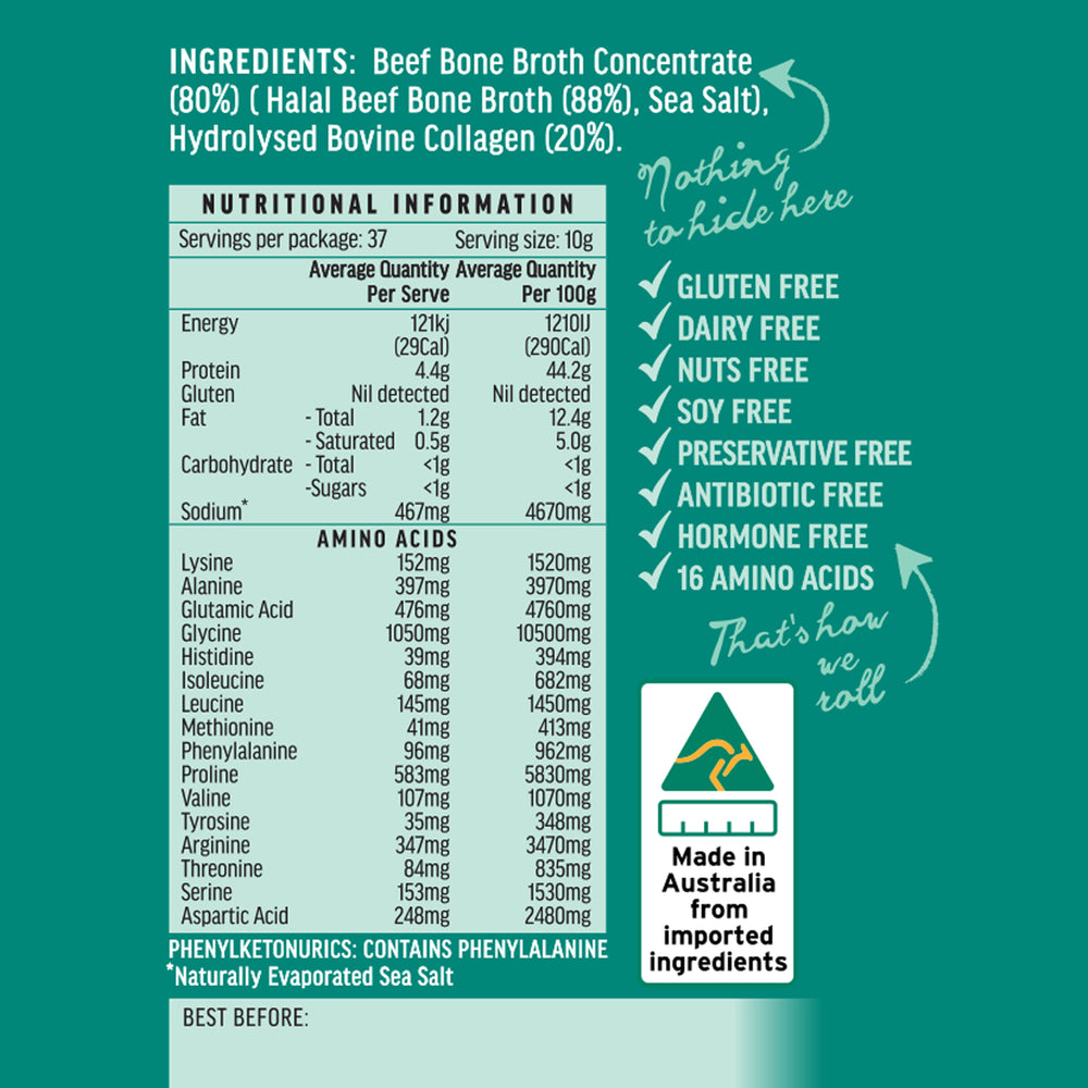 
                      
                        Halal Beef Broth with Collagen Concentrate -  375gram  NEW PRODUCT! - Australian Bone Broth Co
                      
                    