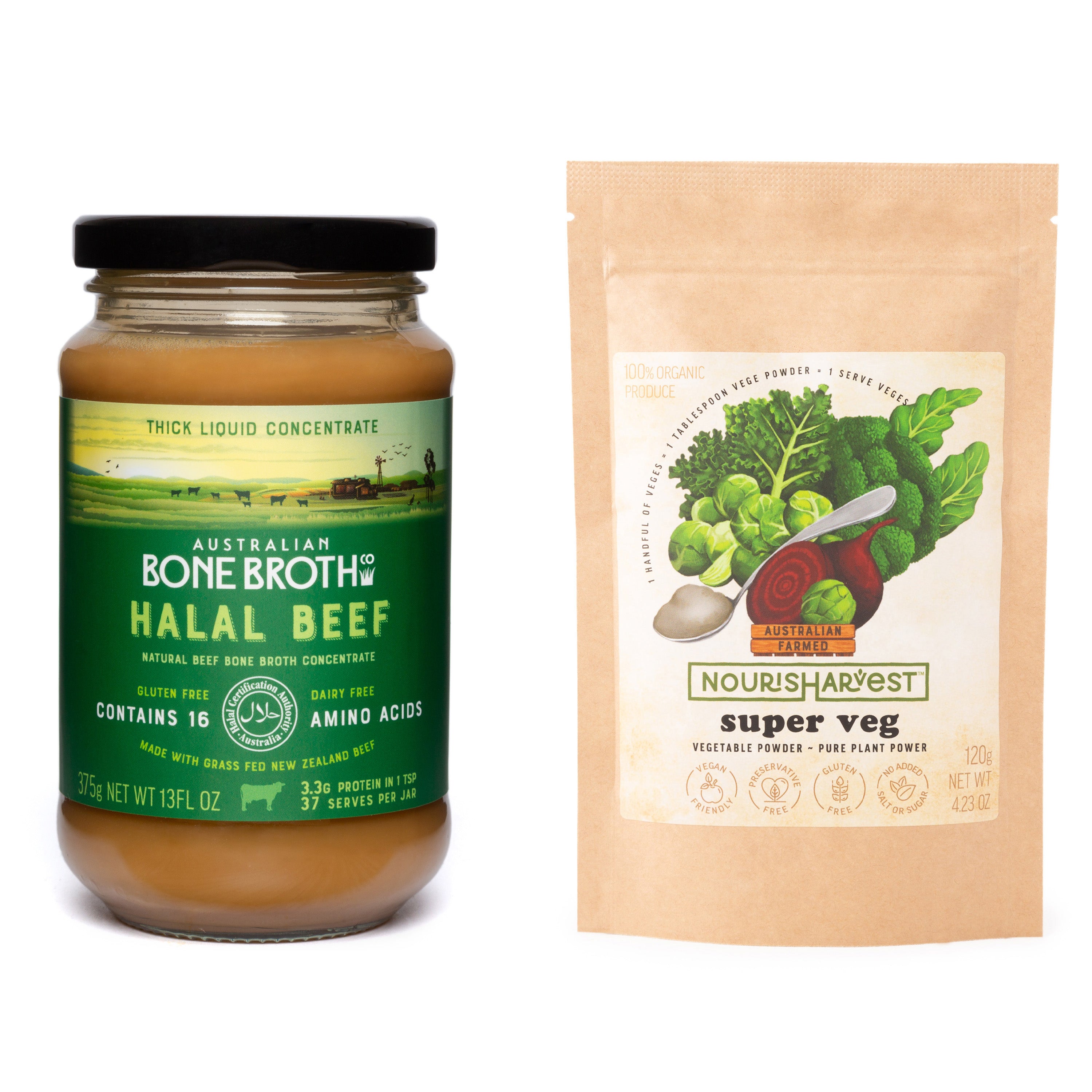 Halal Beef Bone Broth 375g & Organic Veg Powder Promotion select you