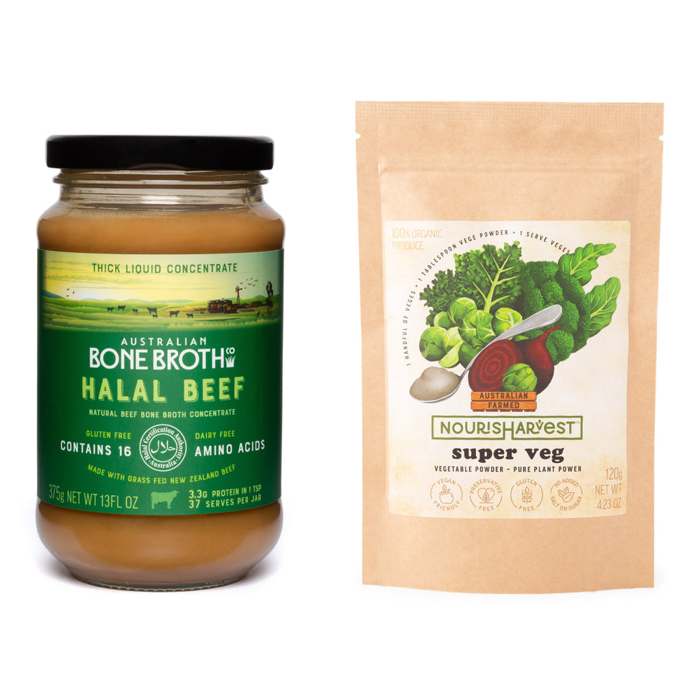 Halal Beef Bone Broth 375g & Organic Veg Powder - Promotion select your Nourisharvest Veg.
