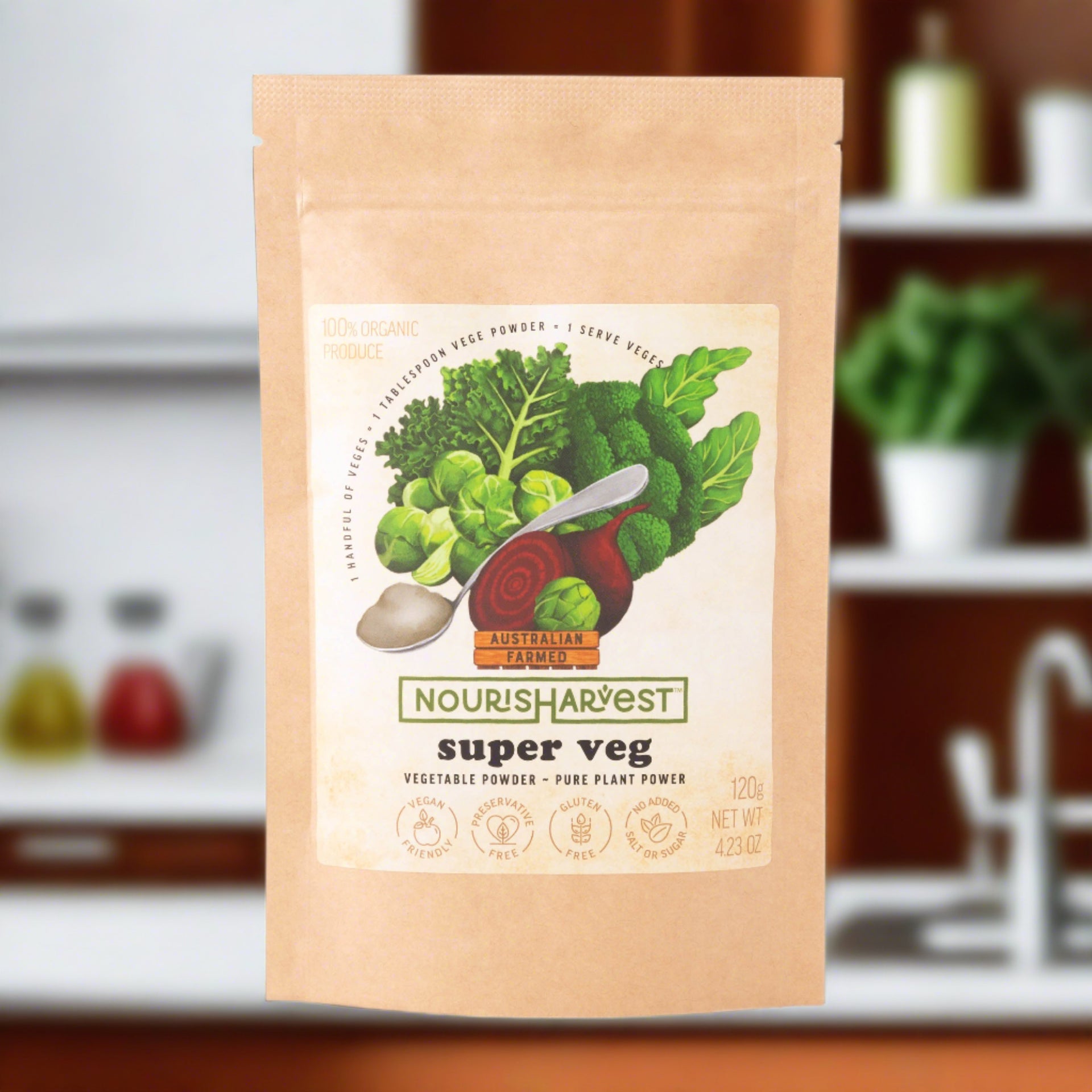 Nourisharvest Beetroot, Broccoli & Kale Powder - Raw SuperVeg Blend For Smoothies & Seasoning, No Added Sugar, Preservatives-Free, Made From 100% Farm Fresh Vegetables - 120g